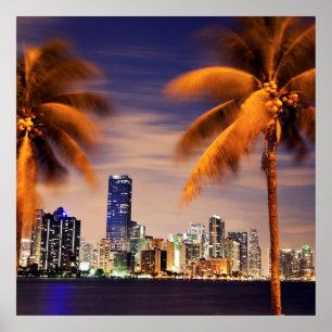 Póster Skyline dos EUA, Florida, Miami no crepúsculo