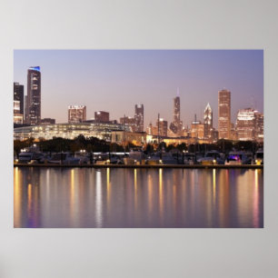 Póster Skyline dos EUA, Illinois, Chicago no crepúsculo