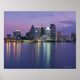 Póster Skyline dos EUA, Michigan, Detroit, noite