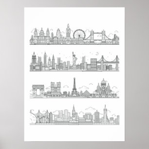 Poster Skyline em Londres Nova Iorque Paris São Fr