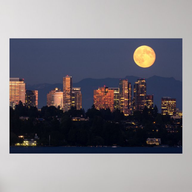 Póster Skyline Of Bellevue, Do Lago Washington, Em Dusk (Frente)