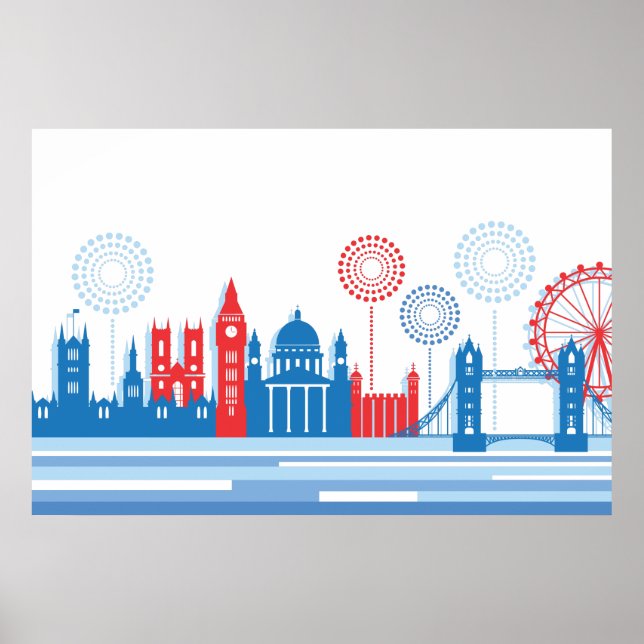 Póster Skyline Retro London com Fireworks (Frente)