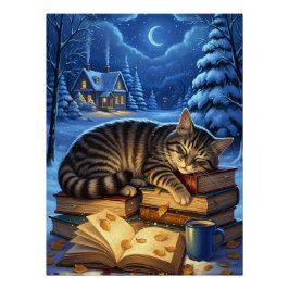 Póster Sleeping Cat on Books Winter Night