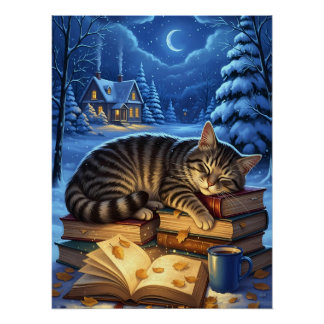 Póster Sleeping Cat on Books Winter Night