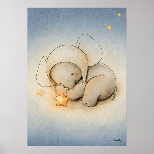 Poster Sleeping Elephant Nursery Baby Illustration (Frente)