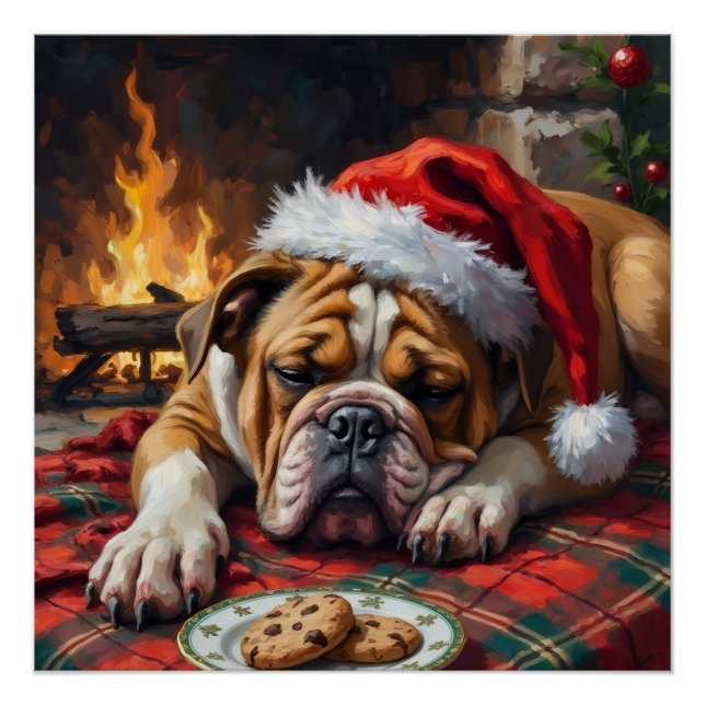 Póster Sleepy Bulldog Dog Fast Asleep Santa Hat Christmas (Frente)