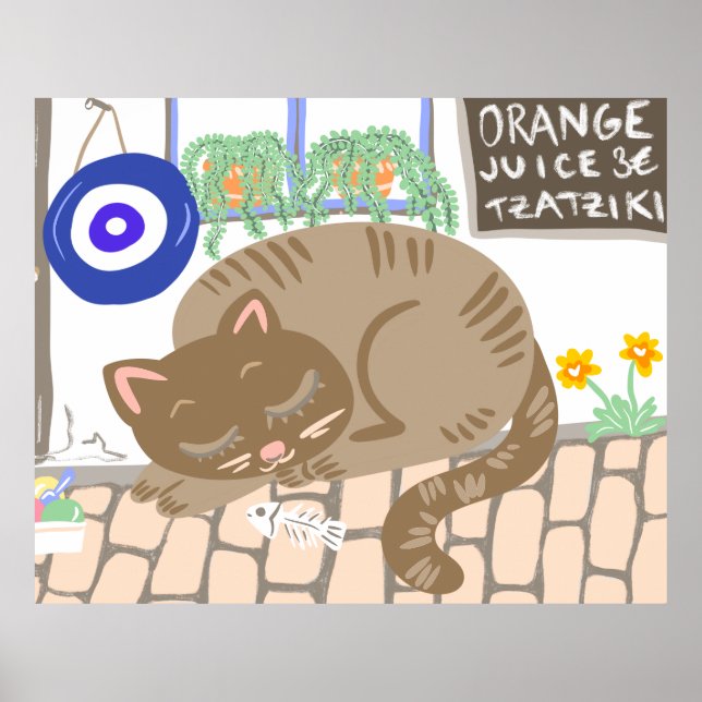 Poster Sleepy Greek Taverna Cat Mediterranean Scene (Frente)