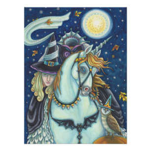 PÓSTER SLEEPY HOLLOW WITCH UNICORN OWL, HALLOWEEN FANTASY