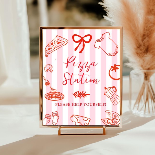 Poster Slice Slice Baby Pizza Station Sign (Red and Pink Pizza station baby shower sign)