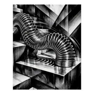 Póster Slinky Monocromático Descendo Degraus de Cromo