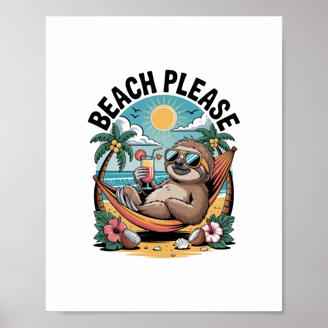 Poster Sloth com Sorvete Summer Beach, por favor (Frente)