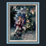 Póster Small child playing a mandolin<br><div class="desc">A vintage advertisement for a toy shop in Boston. Image contains beautiful artwork of a young boy playing a mandolin instrument. A shy but admiring young girl listens from behind the curtains. Beautiful trees and foliage with a charming estate in the background.  Timeless classic theme.</div>
