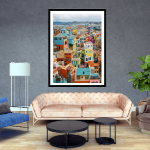 Poster Small Tourist town many colorful houses happy 