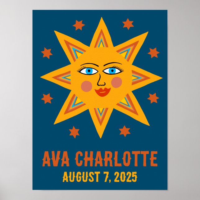 Poster Smiley Retro Sun PERSOM BABY NAME BIRTHDATE Art (Frente)