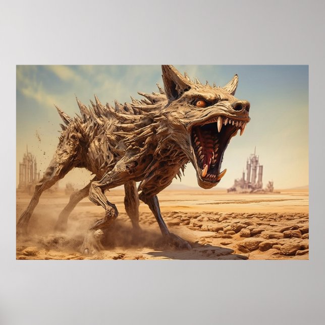 Poster Snarling coyote em uma paisagem desolada (Frente)