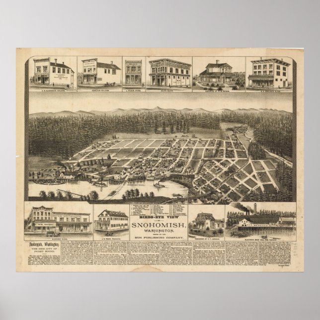 Póster Snohomish, WA Birds Eye Ver Mapa Panorâmico em 189 (Frente)