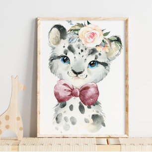 Poster Snow Leopard Floral Baby   Nursery Print