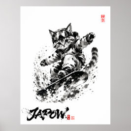 Poster Snowboard Brush Art - Snowboarder cat