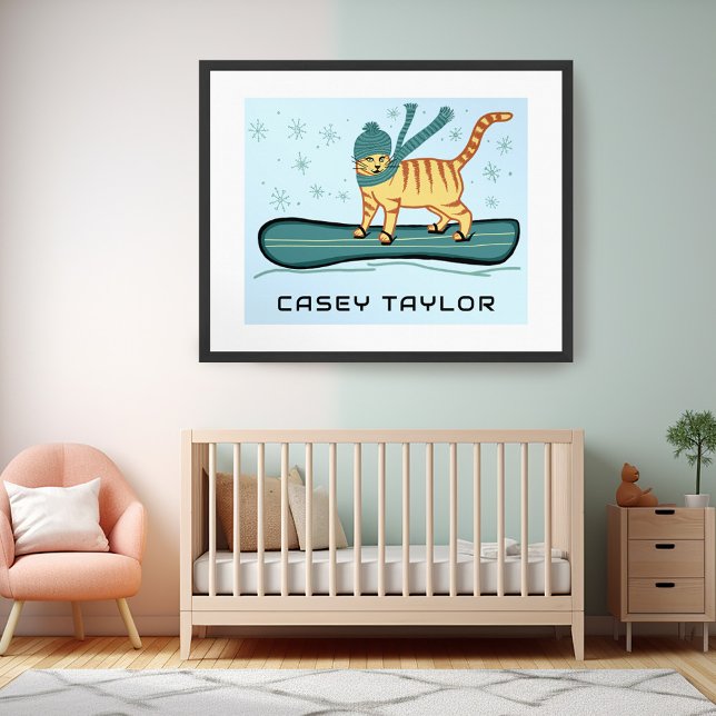 Poster SNOWBOARDING Tabby Cat Funny CUSTOM Nursert (SNOWBOARDING Tabby Cat Funny CUSTOM NAME Nursery Poster - personalize w your own text or baby name)