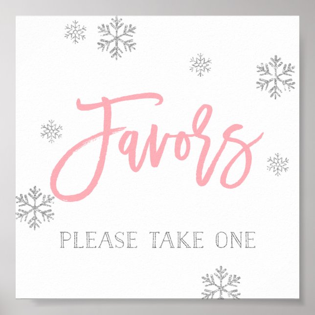 Poster Snowflakes prateado e Sinal de Favor Chic Rosa (Frente)