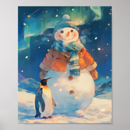 Poster Snowman and Penguin Northern Lights Winter Nursery