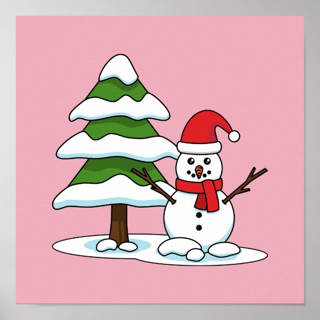 Poster Snowman com Snowy Pine Tree (Frente)
