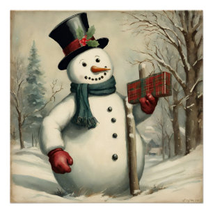 Póster Snowman e Ilustração de Inverno de Presente de Nat