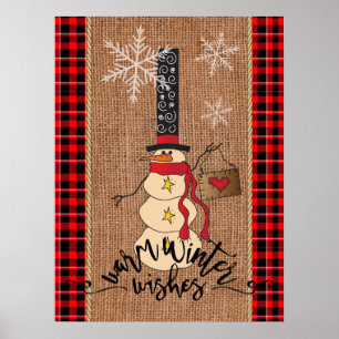 Poster Snowman Feliz Natal com Xadrez e Burlap