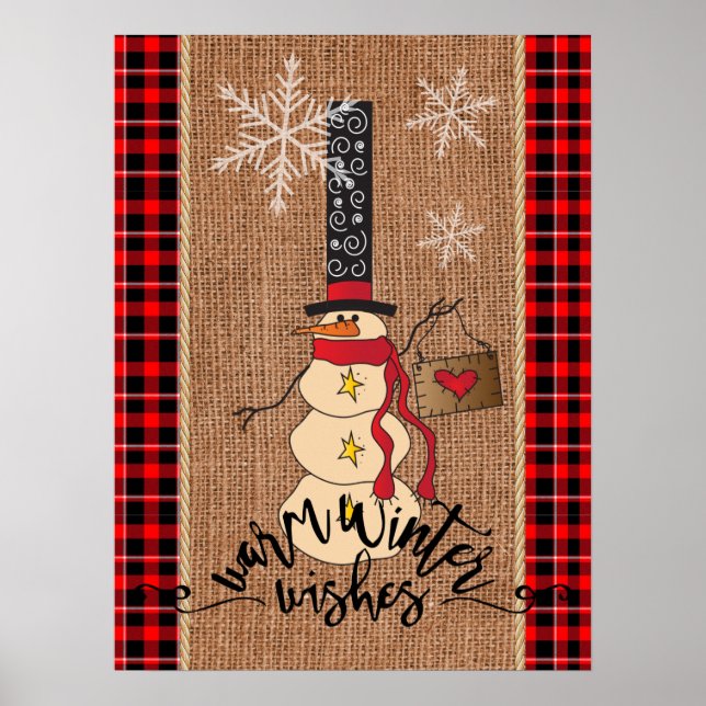 Poster Snowman Feliz Natal com Xadrez e Burlap (Frente)