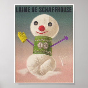 Poster Snowman Skein of Yarn Whimsical Vintage