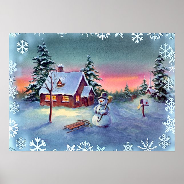 Poster SNOWMAN, SNOWFLAKS E SLED por SHARON SHARPE (Frente)