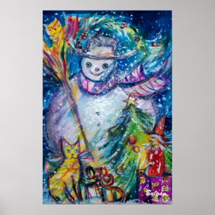 Póster SNOWMAN WITH TOYS, white blue yellow