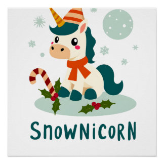 Póster Snownicorn Unicórnio Bonito Homem de Neve Natal Me