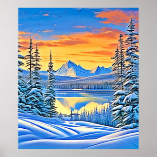 Poster Snowy Mountain Sunset Glow