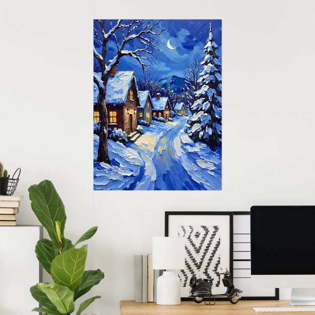 Poster Snowy Village à noite (Escritório em casa)