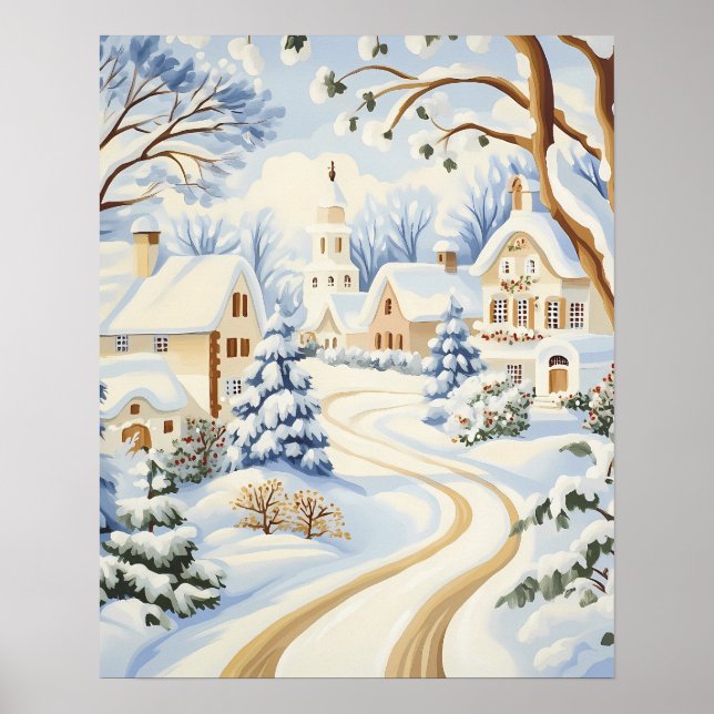 Poster Snowy Village Path com Algodão Encantador (Frente)