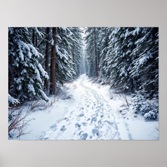 Poster Snowy Winter Forest Path With Footprints Hiking (Frente)