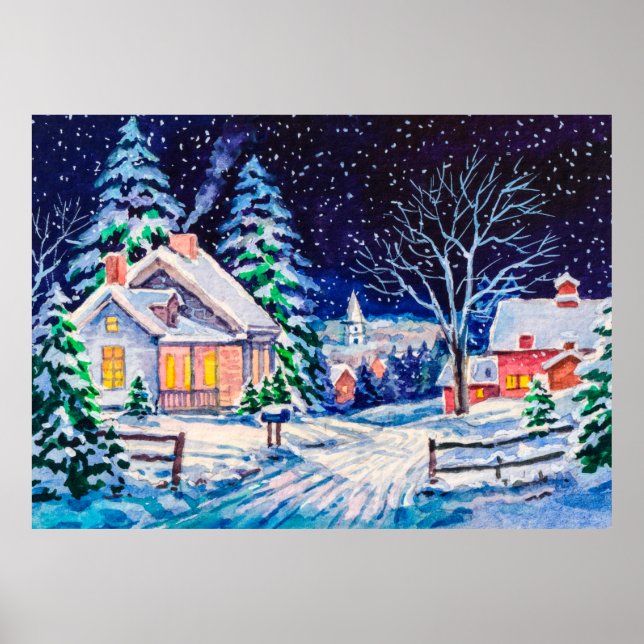 Poster Snowy winter landscape. Country House. Christmas h (Frente)