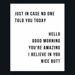 Poster Só No Caso De Ninguém Te Dizer Hoje Olá Bom Dia<br><div class="desc">No caso de ninguém te ter dito hoje Olá Bom dia,  és espantoso,  acredito em ti,  Bumbum mínimo.</div>