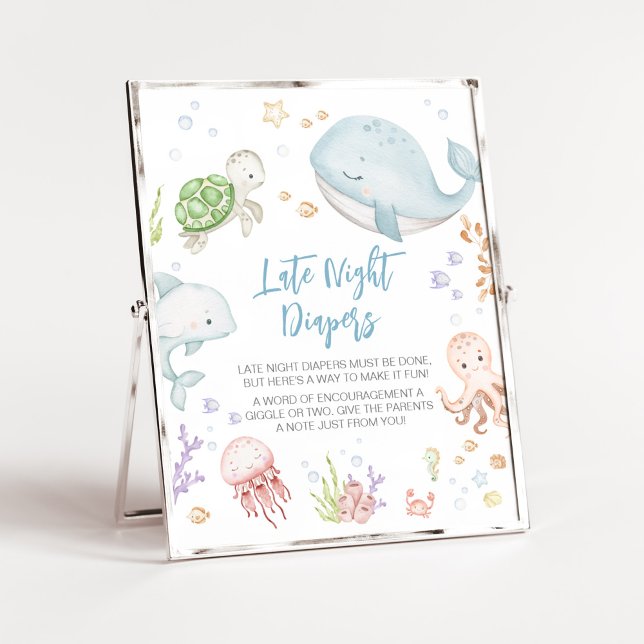 Poster Sob Fraldas Noturnas Chás de fraldas (Sea Creatures Ocean Baby Shower Late Night Diapers Sign)