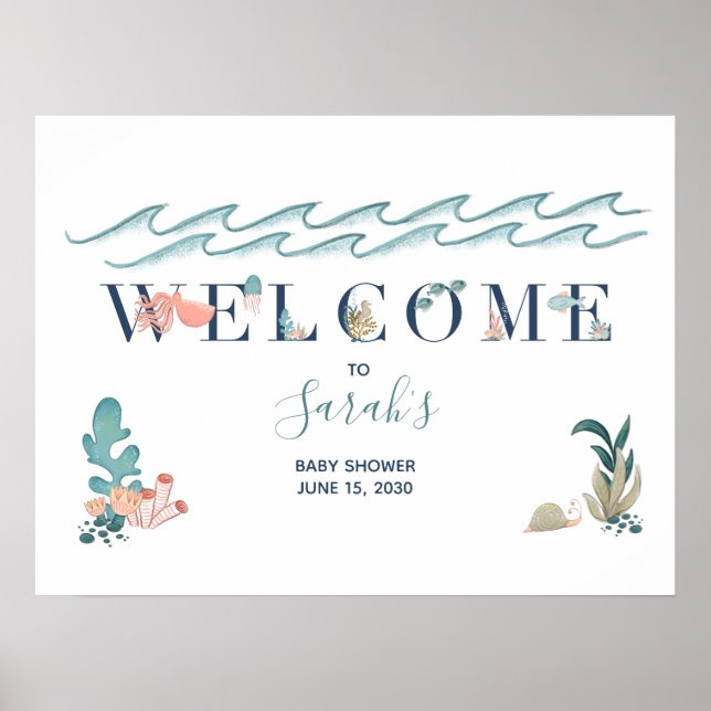 Poster Sob o Chá de fraldas de animais do oceano marinho (Frente)