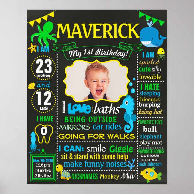 Póster Sob o mar, aviso de primeiro aniversário (Frente)