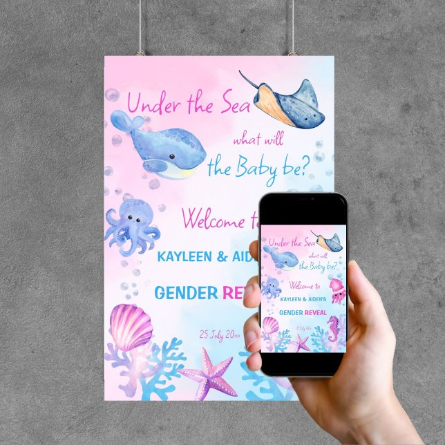 Poster Sob o mar, gênero revela sinal de boas-vindas (Under the sea gender reveal party welcome sign poster template digital download cute pink and blue)