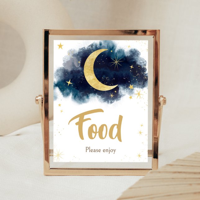 Poster Sobre a Lua Dourada Estrelas Comida Azul (Blue Twinkle Little Star Baby Shower Food Sign)