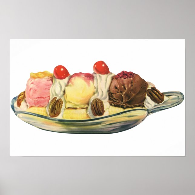 Póster Sobremesas de comida antiga, cerejas de banana spl (Frente)