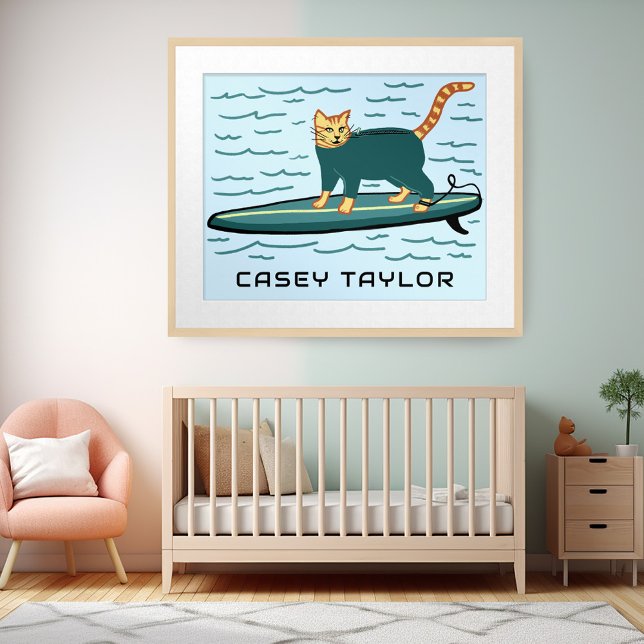 Poster Sobrevivência Tabby Cat Funny Cute CUSTOM Nursert (SURFING Tabby Cat Funny Cute CUSTOM NAME Nursery Poster - personalize w your own text or baby name)