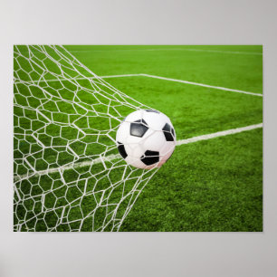Poster Soccer Ball Hitting Goal Net