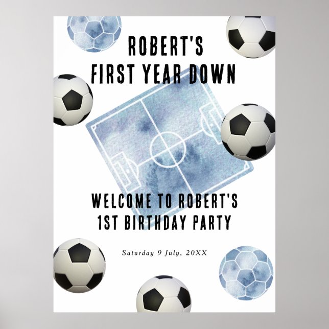 Poster Soccer First Year Down 1st Birthday Party (Frente)