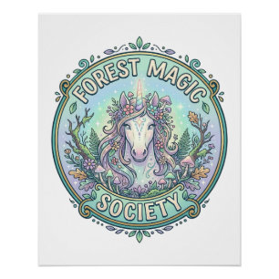 Póster Sociedade Mágica Floresta Unicórnio Gráfica Branco