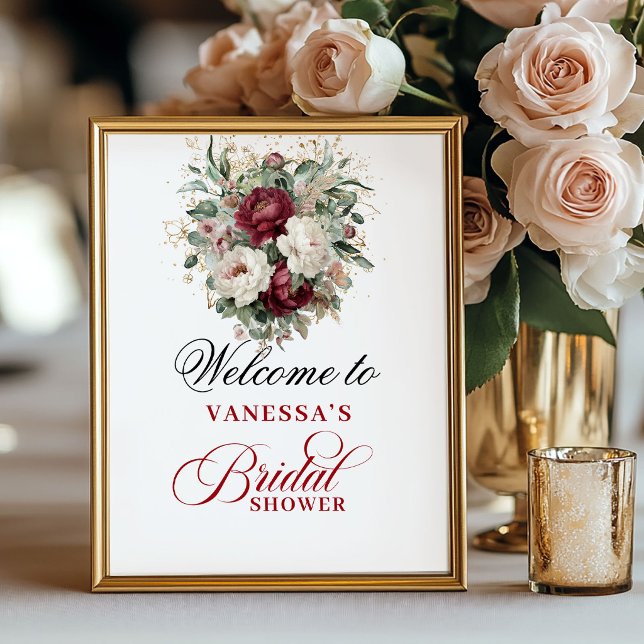Poster Sofisticado Cartaz de Chá de Noiva em Bege e Borgo (Sophisticated Blush Burgundy Bridal Shower Sign)
